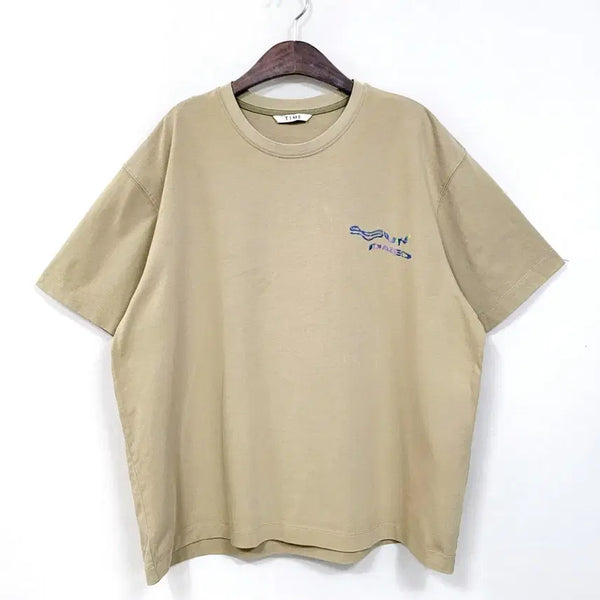 [BUNJANG] TIME Beige Khaki Logo Embroidery Half Sleeve T-Shirt / 타임 베이지카키  로고 엠브로이더리 하프 슬리브 B132