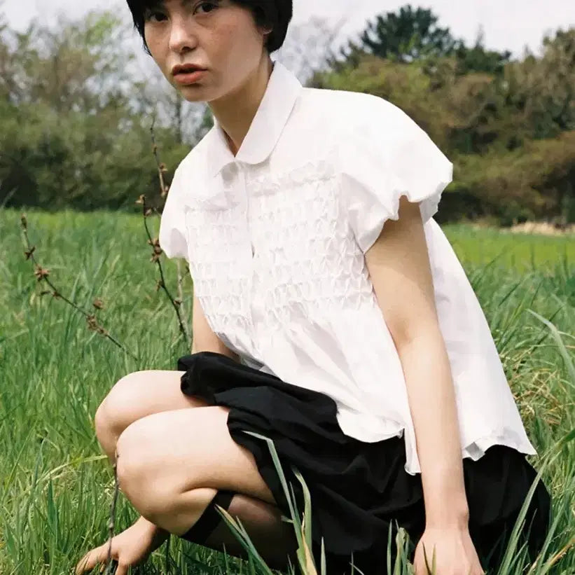 [BUNJANG] OHEESHIO Puff Shirring Blouse White Japanese Vintage Style / 오헤시오 퍼프 셔링 블라우스 화이트 아오이유우 일본 빈티지 블라우스