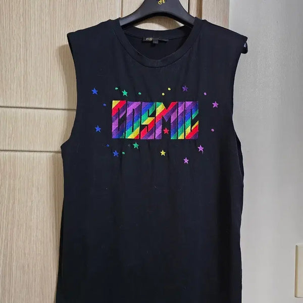 [BUNJANG] Maje Black Rainbow Logo & Star Print Sleeveless T-Shirt / 마쥬 블랙 티셔츠