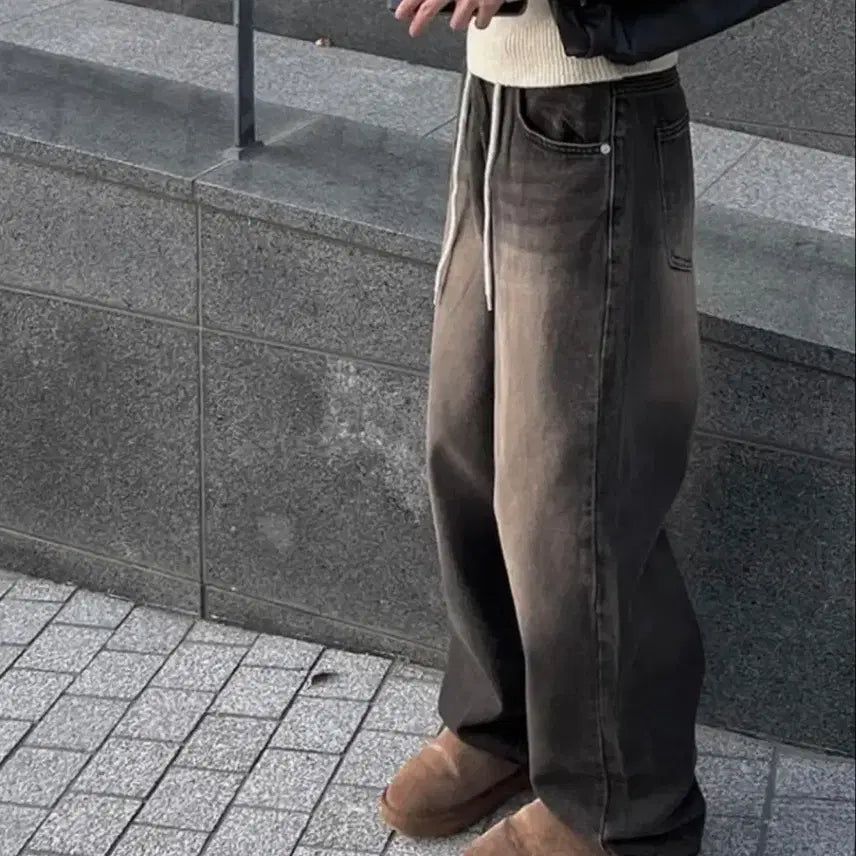 [BUNJANG] String Washing Wide Denim Pants Jeans New / 스트링 워싱 와이드 데님 팬츠 청바지 새상품