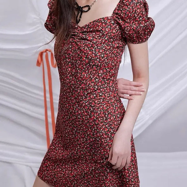[BUNJANG] Lulublue Floral Chiffon Puff Sleeve Bustier Dress Red / 쉬폰 플로럴 퍼프소매 뷔스티에 원피스 루루서울 레드