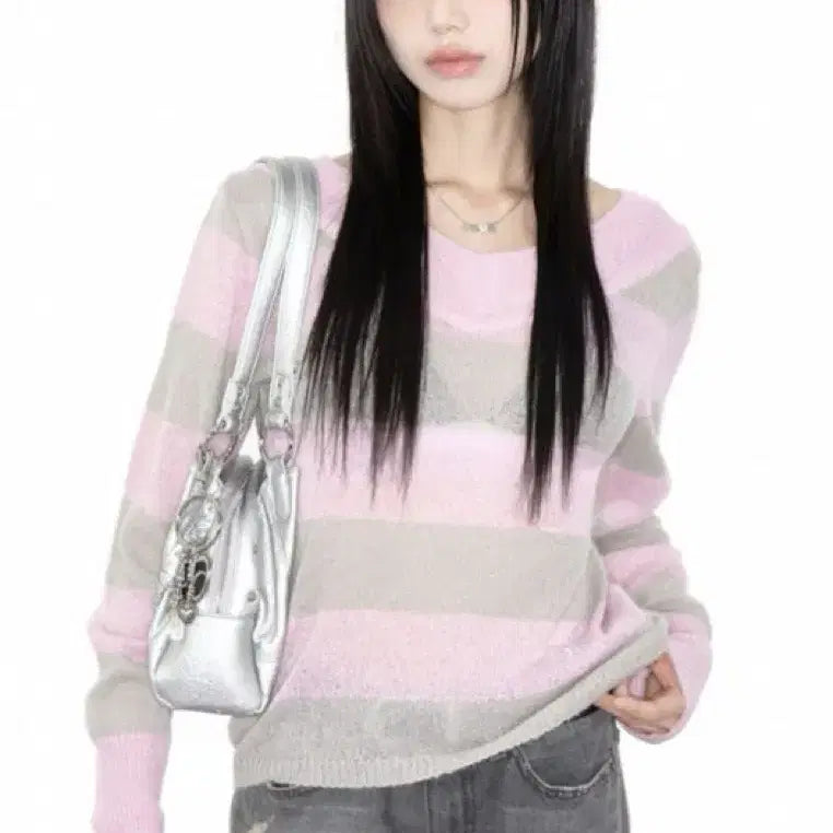 [BUNJANG] AzON Striped Knit (Pink/Grey) / 애즈온 스트라이프 핑크 그레이 니트