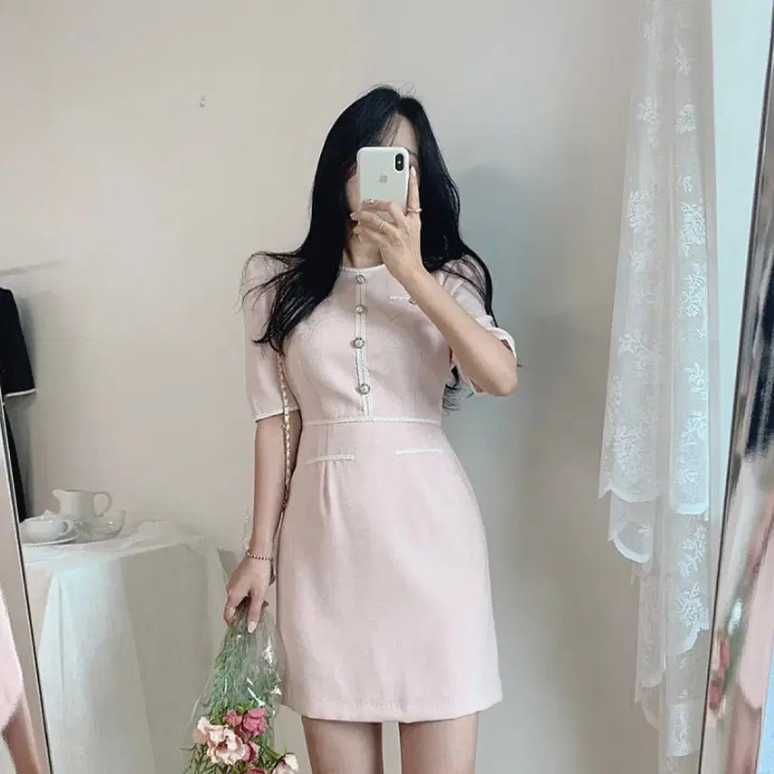 [BUNJANG] From Day One Tweed Pink Dress Lace / 프롬데이원 하객룩 트위드 핑크 원피스 레이스