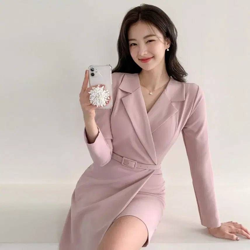 [BUNJANG] Attirance Double Button Wrap Dress Pink / 더블 버튼 랩 원피스 핑크 아뜨랑스 하객룩 벨트 브이넥 카라