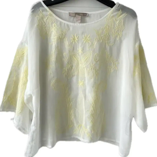 [BUNJANG] Ethnic Embroidered Sheer Cropped Blouse / 에스닉 자수 히피 시스루 크롭 반팔 블라우스 루즈핏 드롭숄더 모리걸 셔츠