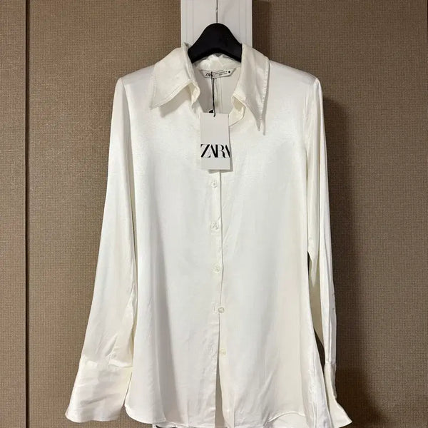 [BUNJANG] Zara White Satin Viscose Blouse / 새상품) 자라 화이트 새틴 셔츠 블라우스 비스코스 출근룩오피스룩긴팔기본
