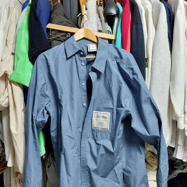 [BUNJANG] WooYoungMi Deep Sky Blue Long Sleeve Shirt Size 48 Belle Epoque Patch / 우영미 딥 스카이블루 긴팔 셔츠 48 벨에포크