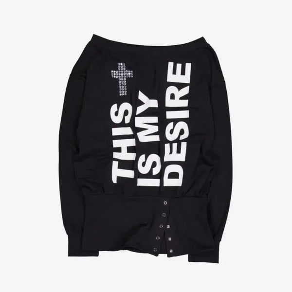 [BUNJANG] Setup EXI Bold Lettering Loose Off-Shoulder Long Sleeve Top Black / 셋업이엑스이 롱슬리브 오프숄더 볼드 레터링 루즈 탑 블랙