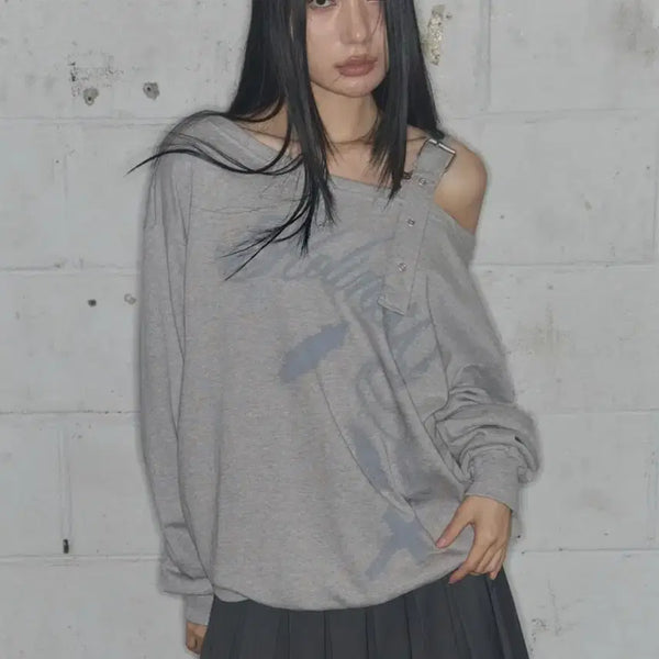 [BUNJANG] Fancy Club One Shoulder Buckle Sweatshirt Grey / 팬시클럽 원숄더 버클 스웻셔츠 그레이