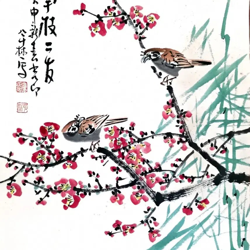[BUNJANG] Woo Lim Kim Jeong-wook 'Red Plum Blossoms and Sparrows' Ink Wash Painting (1980) / [귀중/국전특선작가] 우림 김정욱 '홍매화와 참새' (1980년작)