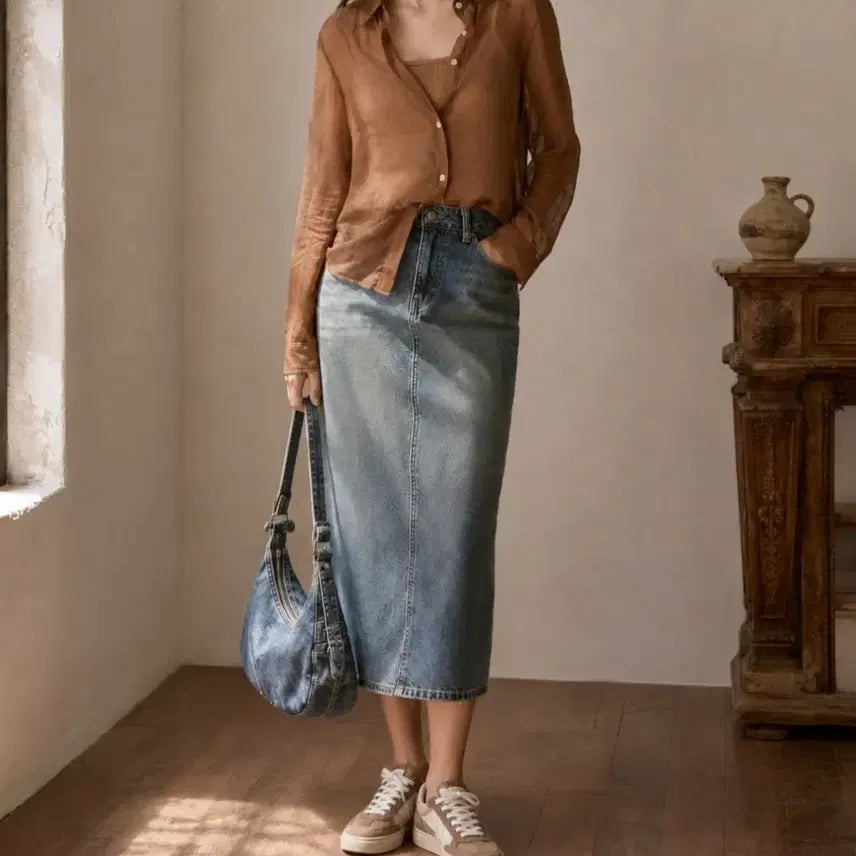[BUNJANG] Merrygoround See-through Loose Fit Shirt (Brown) / [MERRYGOROUND] 메리고라운드 시스루 루즈핏 셔츠 (브라운)