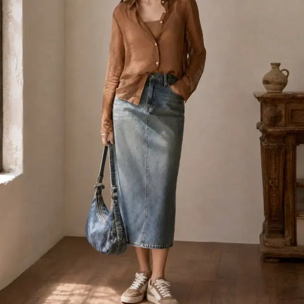 [BUNJANG] Merrygoround See-through Loose Fit Shirt (Brown) / [MERRYGOROUND] 메리고라운드 시스루 루즈핏 셔츠 (브라운)