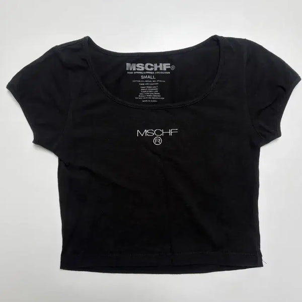 [BUNJANG] Mischief Black Cropped Short-Sleeve T-Shirt / 미스치프 블랙 크롭 반팔티s