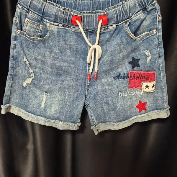 [BUNJANG] Denim Overalls Shorts with Star Patch Detail / 새상품 청멜빵 반바지 별 패치 디테일