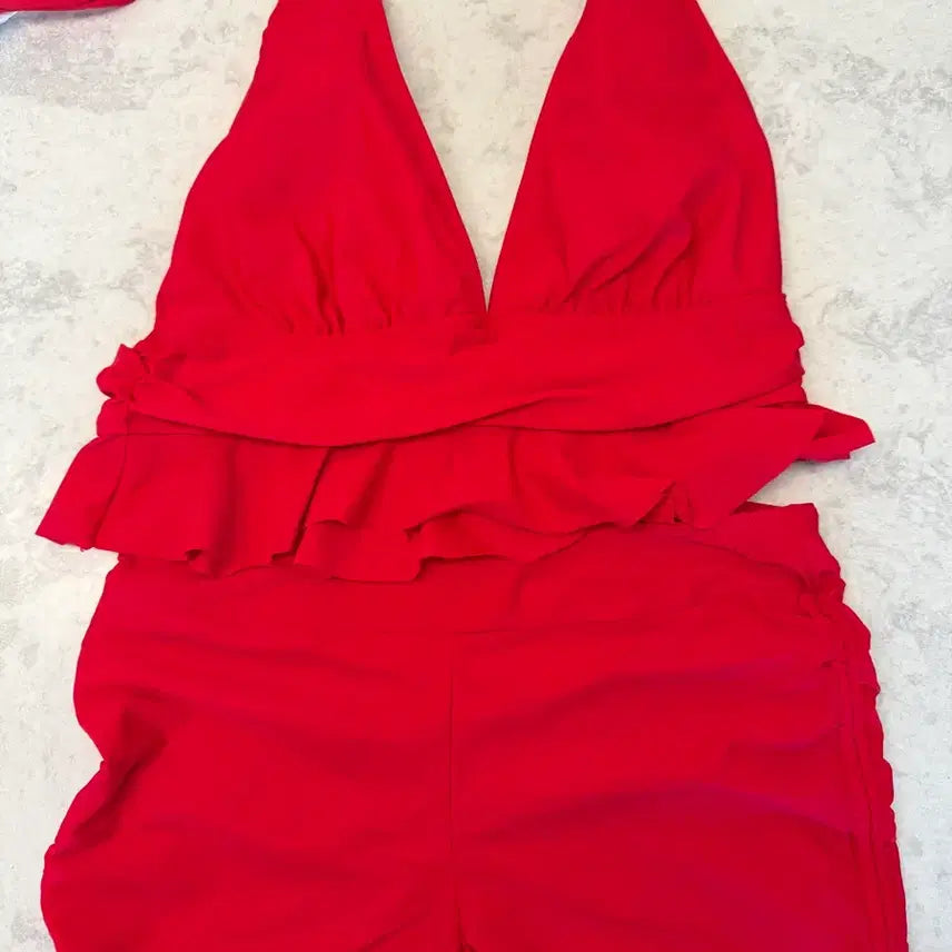 [BUNJANG] Halterneck Wrap Style One-Piece Swimsuit - Red / 홀터넥 랩스타일 원피스 수영복 레드