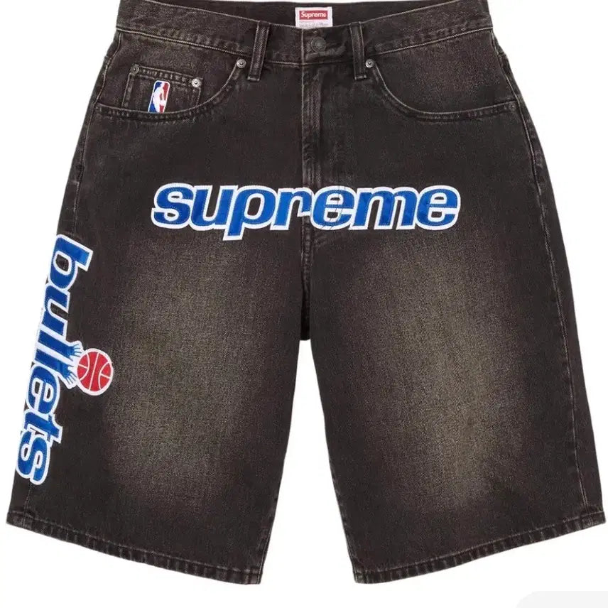 [BUNJANG] Supreme Mitchell & Ness Washington Bullets Baggy Denim Shorts Washed Black / 슈프림 미첼 & 네스 워싱턴 불리츠 배기 데님 쇼츠 워시드 블랙
