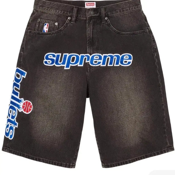 [BUNJANG] Supreme Mitchell & Ness Washington Bullets Baggy Denim Shorts Washed Black / 슈프림 미첼 & 네스 워싱턴 불리츠 배기 데님 쇼츠 워시드 블랙