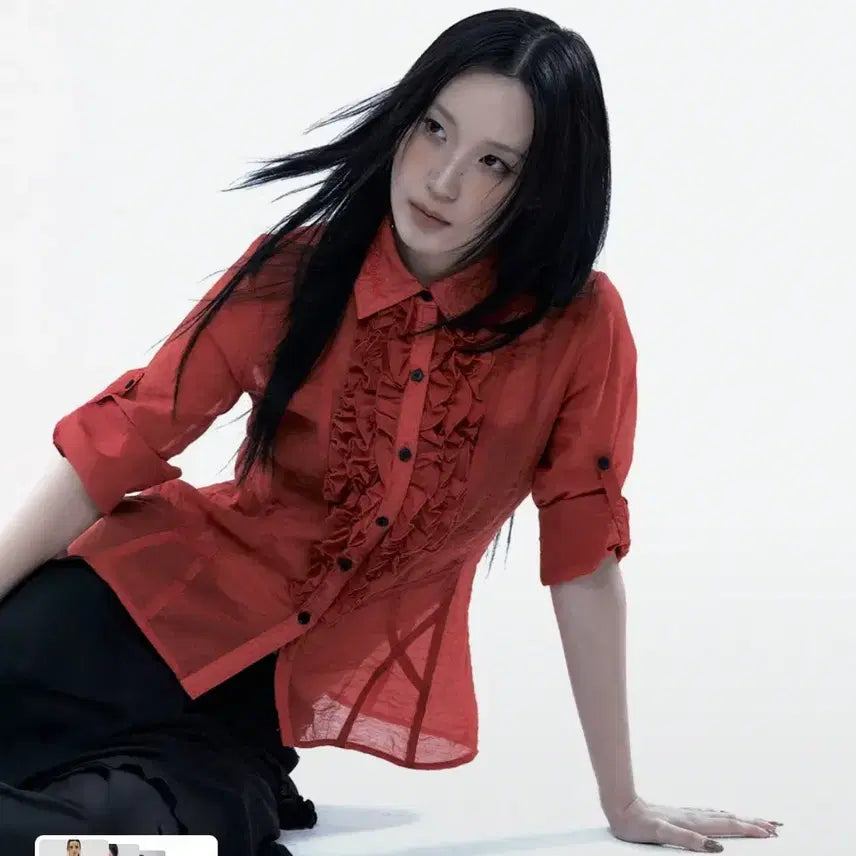 [BUNJANG] Rough Neck Frill Sheer Shirt - Red / (마지막 가격)러프넥 프릴 시어 셔츠 레드