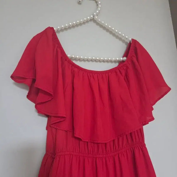 [BUNJANG] Red Off-Shoulder Frill Long Dress / 44-55)레드 오프숄더 롱 드레스