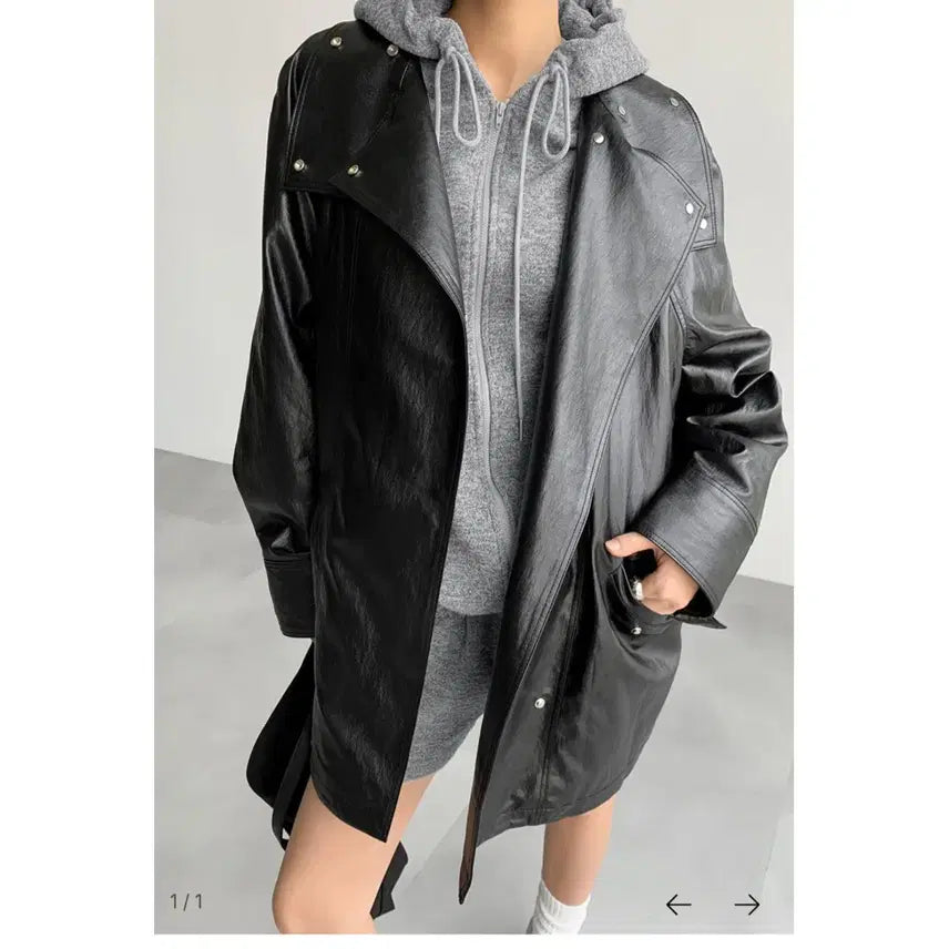 [BUNJANG] 45Beonga Half Leather Coat Jacket - Black / 45번가 톤 하프 레더 코트 자켓 - 블랙