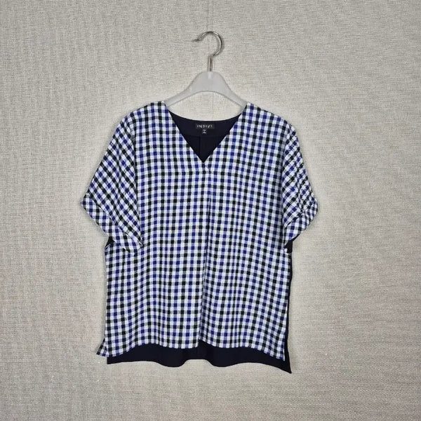 [BUNJANG] Indie Bee Rayon Blend Navy Black Check Blouse (New, Tagless) / (#55,66추천/택없는새상품)레이온혼방 네이비블랙 격자체크 블라우스