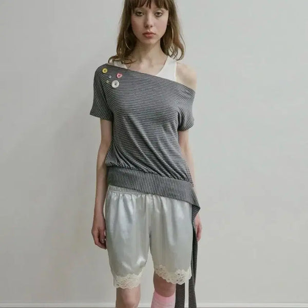 [BUNJANG] Sculptor Off-Shoulder Button Tee - Melange Grey (S) / 스컬프터 off shoulder button tee 반팔 버튼티