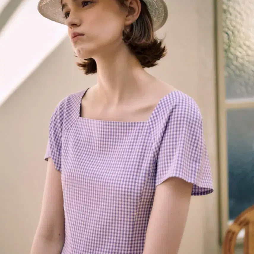 [BUNJANG] Rueve Square Neck Gingham Check Dress 02 (Violet) / [새상품] 루에브르 스퀘어넥 깅엄 체크 원피스 02(VIOLET)