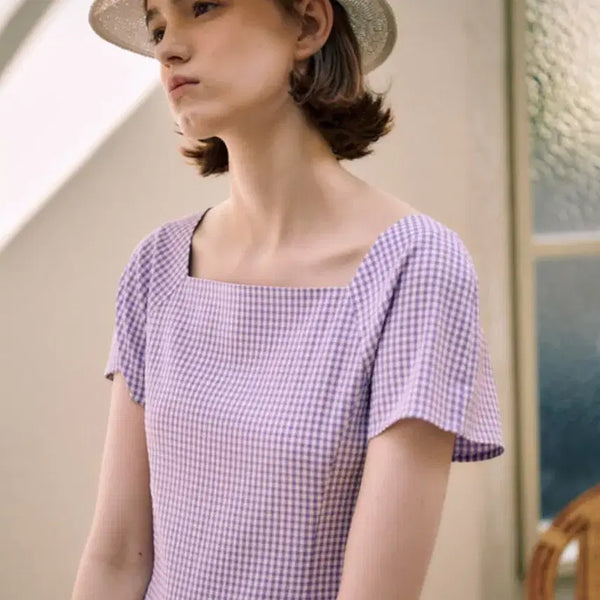 [BUNJANG] Rueve Square Neck Gingham Check Dress 02 (Violet) / [새상품] 루에브르 스퀘어넥 깅엄 체크 원피스 02(VIOLET)