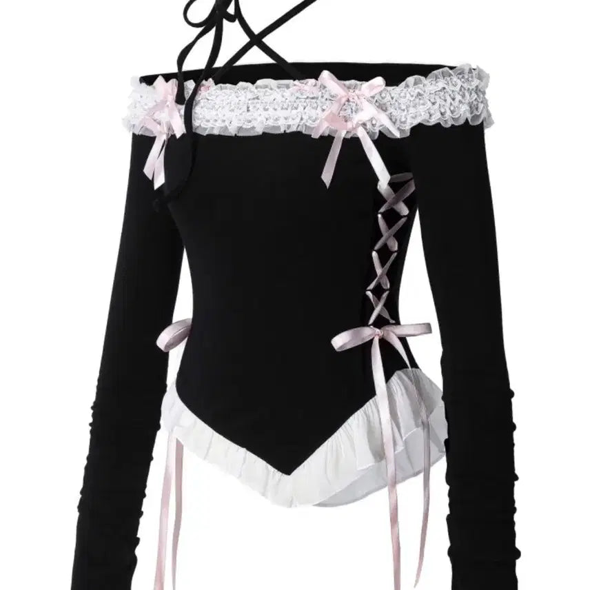 [BUNJANG] Shushu Cherry Dollihime Off-Shoulder Top - Black Pink / 슈슈체리 돌리히메 오프숄더 블랙 핑크