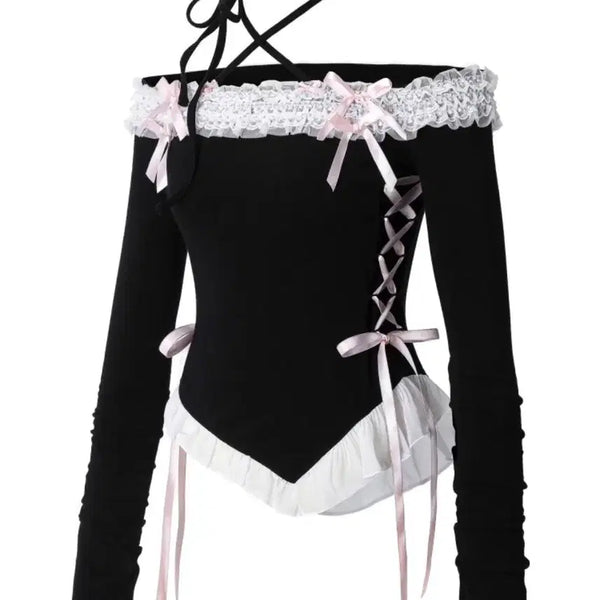 [BUNJANG] Shushu Cherry Dollihime Off-Shoulder Top - Black Pink / 슈슈체리 돌리히메 오프숄더 블랙 핑크