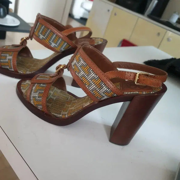 [BUNJANG] Tory Burch Brown Check Pattern Heeled Sandals / 미국 구매 정품 토리버치 갈색 체크 패턴 굽 샌들