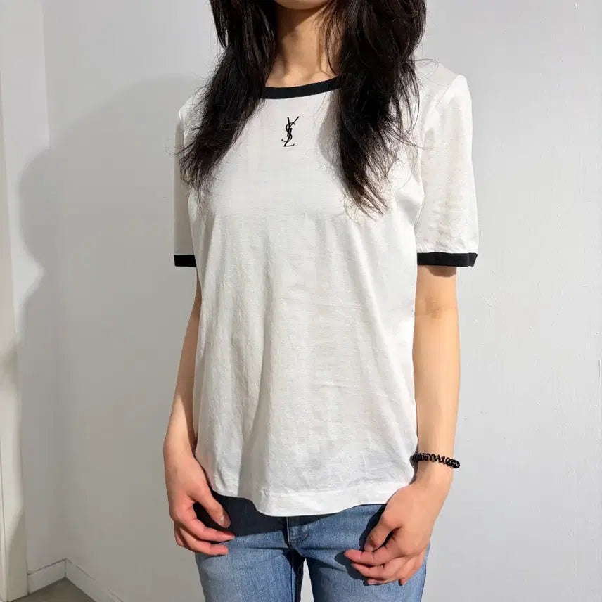 [BUNJANG] Yves Saint Laurent Embroidered Logo Ringer T-Shirt / YVES SAINT LAURENT 입생로랑 로고 자수 링거티 반팔 티셔츠