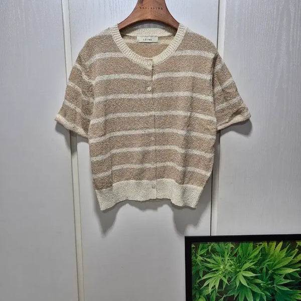 [BUNJANG] Beige Stripe Knit Short Sleeve Cardigan / (세일)(새상품)베이지 스트라이프 니트 반팔 가디건