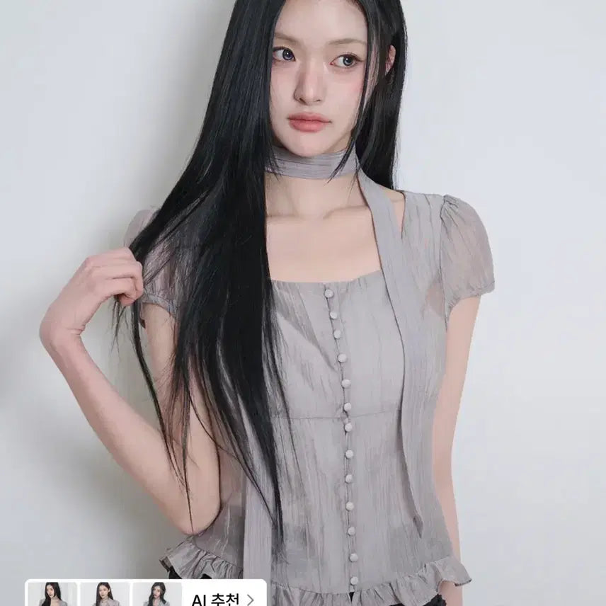 [BUNJANG] Illigo Ribbon Tie Square Neck Blouse - Grey / (새상품) 일리고 리본 타이 스퀘어넥 블라우스 그레이