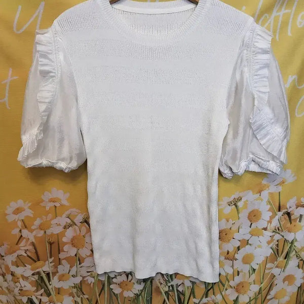 [BUNJANG] Frill Sleeve Knit - White (Size S) / S]      미사용/ 프릴 소매 니트 흰색
