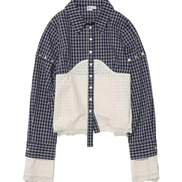 [BUNJANG] Partimento Women's Check Lace Embroidery Combo Shirt - Blue Green / 파르티멘토 우먼 체크 레이스 엠브로이더리 콤비 셔츠_블루 그린