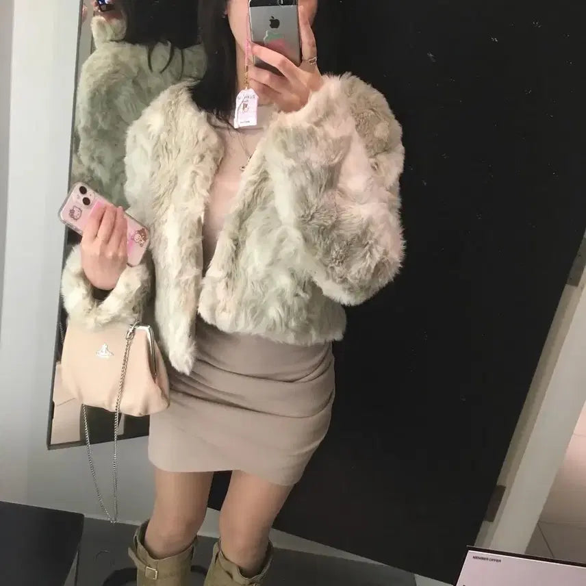 [BUNJANG] Beige Shirring Off-Shoulder Mini Dress Vintage / 베이지 셔링 오프숄더 미니 원피스 빈티지