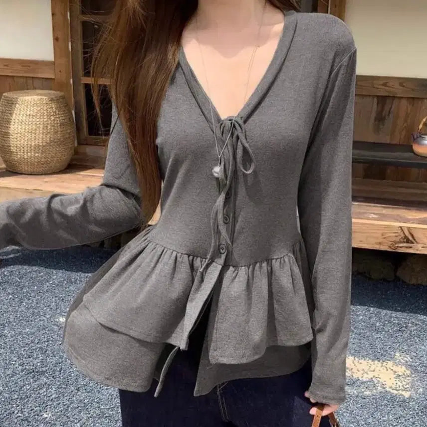 [BUNJANG] Frill V-Neck T-Shirt with Adjustable Tie / 프릴 끈 브이넥 티