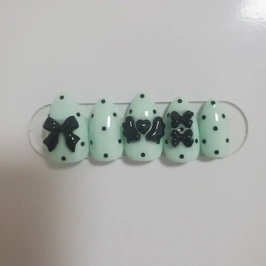 [BUNJANG] Handmade Mint Dot Ribbon Heart Wing Nail Tips (Customizable Color) / 민트 도트 리본 하트 윙 네일팁(색상변경가능)