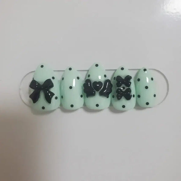 [BUNJANG] Handmade Mint Dot Ribbon Heart Wing Nail Tips (Customizable Color) / 민트 도트 리본 하트 윙 네일팁(색상변경가능)