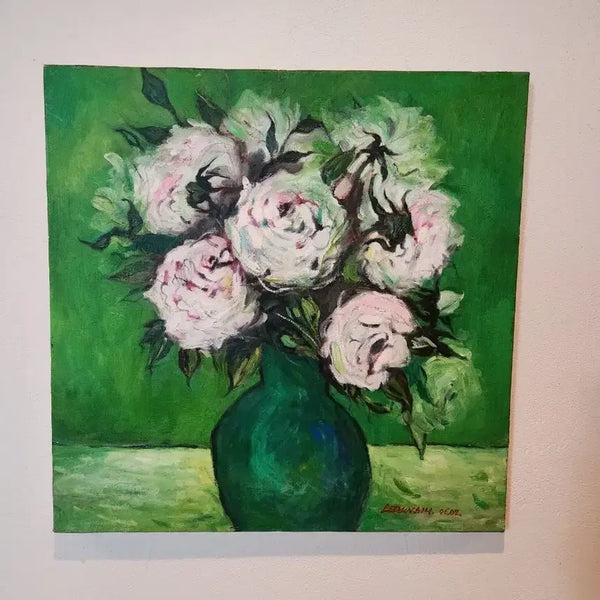 [BUNJANG] Lee Eun-shim 'Rose in a Vase' Oil Painting / 시들지 않는 진녹색의 숨결, 이은심 작가의 '화병 속의 장미' 유화