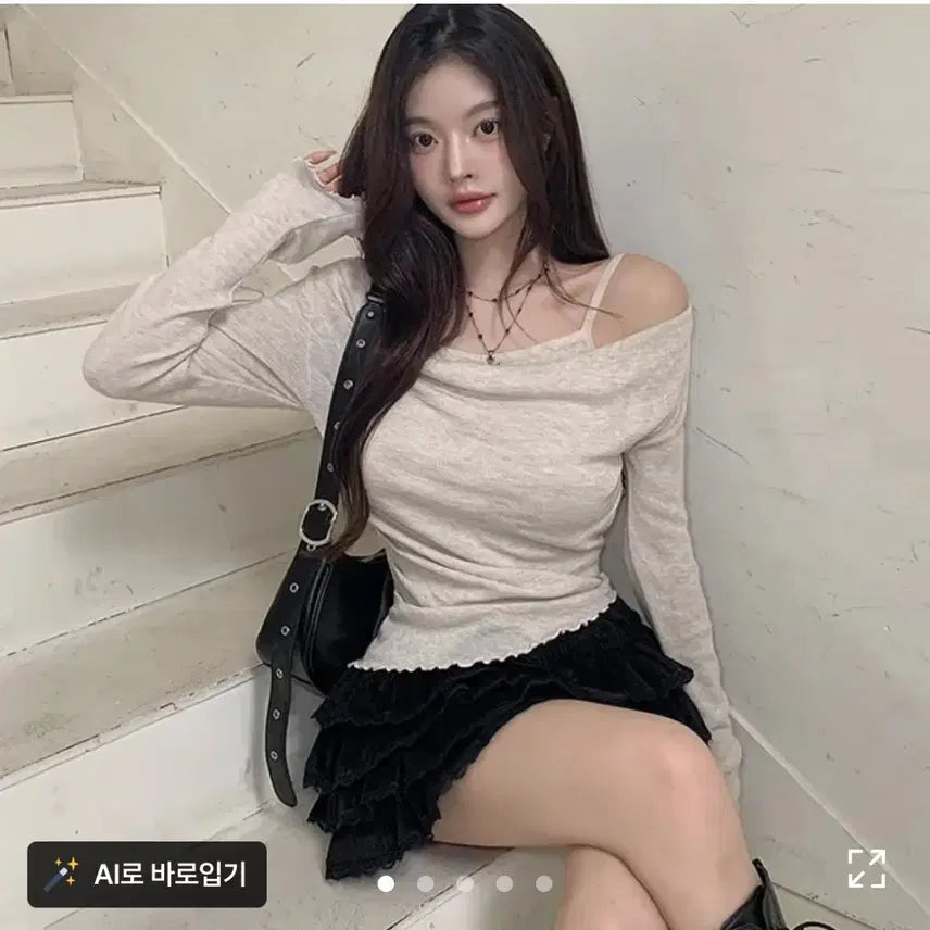 [BUNJANG] Ablley One-Piece Layered Off-Shoulder Shirring Long Sleeve T-Shirt / 에이블리 일체형 레이어드 오프숄더 셔링