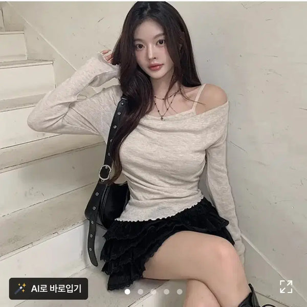 [BUNJANG] Ablley One-Piece Layered Off-Shoulder Shirring Long Sleeve T-Shirt / 에이블리 일체형 레이어드 오프숄더 셔링