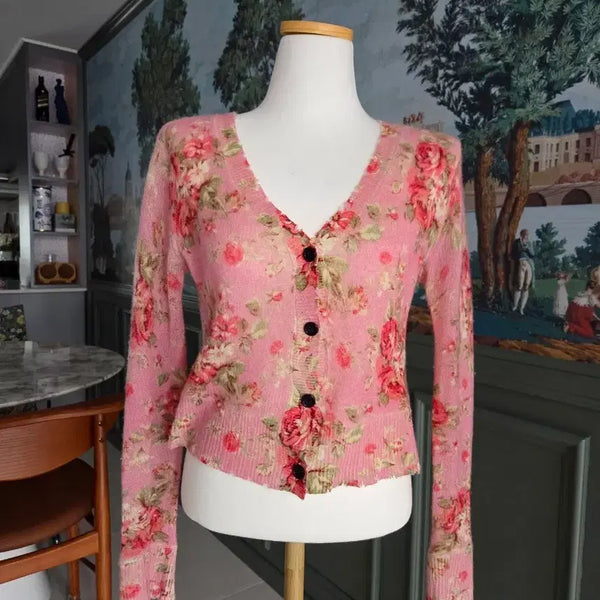 [BUNJANG] Number Project Cashmere 100% Medium Size Pink Flower Pattern Knitwear / 넘버프로젝트 캐시미어100 55싸이즈