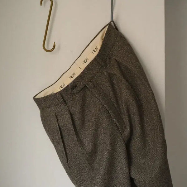 [BUNJANG] Wool Herringbone Wide Trousers Brown / 니트 도쿄 울 헤링본 와이드 트라우저 브라운 46