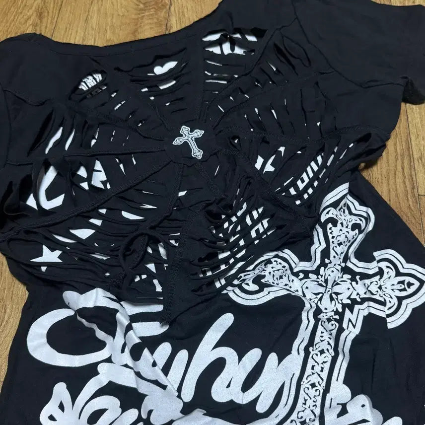 [BUNJANG] Vintage Punk Spiderweb Skull Damage Y2K Gyaru Short Sleeve T-Shirt / 빈티지 펑크 거미줄 데미지 스컬 y2k 갸루 반팔 티셔츠