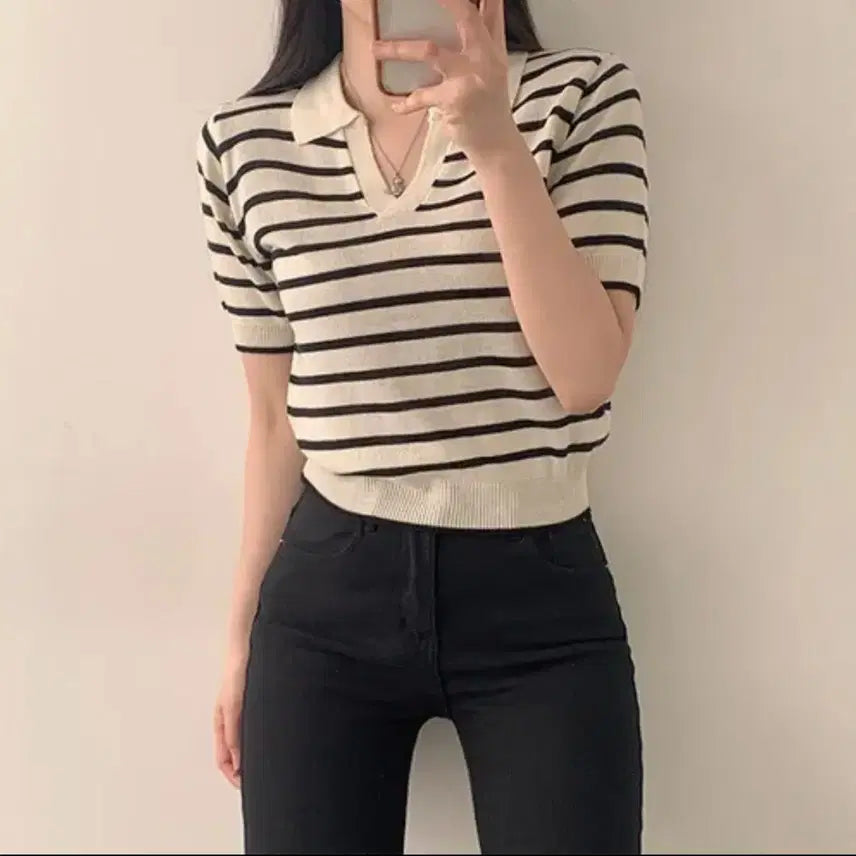 [BUNJANG] Summer Open Collar Striped Cropped Short-Sleeve Knit / 썸머 오픈카라 단가라 크롭 반팔 니트
