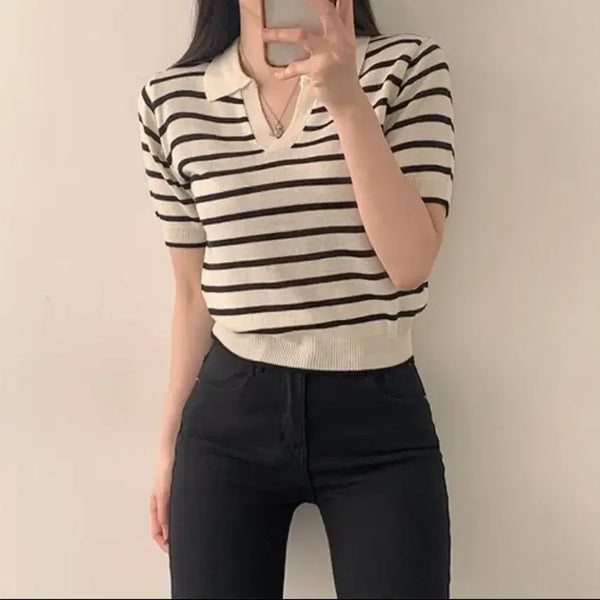 [BUNJANG] Summer Open Collar Striped Cropped Short-Sleeve Knit / 썸머 오픈카라 단가라 크롭 반팔 니트