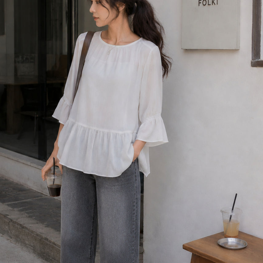 [BUNJANG] 7-Sleeve See-Through Blouse - White / 딩동 :) 여름세일/새/M/7부소매 화이트 시스루 블라우스_26