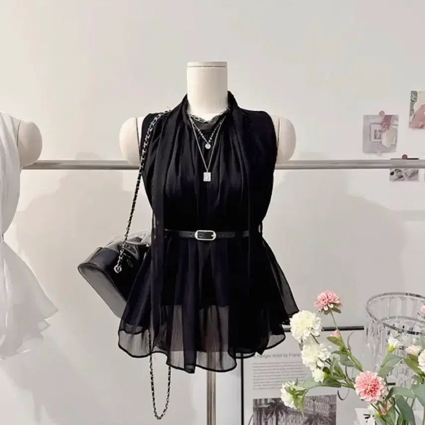 [BUNJANG] Belt Set Tie Chiffon Sleeveless Blouse / 에이블리 지그재그 하객룩 타이 쉬폰 나시 블라우스 벨트 세트